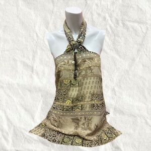 Joseph Ribkoff Gold and Black Halter Blouse Ibiza Bohemian Vacation Size 10